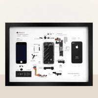 Framed diagram of an iPhone 4 showing its components on a white background